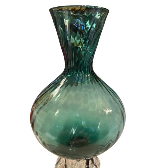 Teal Ribbed Swirled Blown Glass Vase 6.75” Heavy Scalloped Ribbed Base - Picture 3 of 8